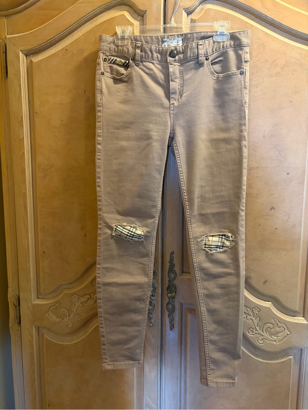 Free People Beige Skinny Jeans with Plaid Knee Patches
